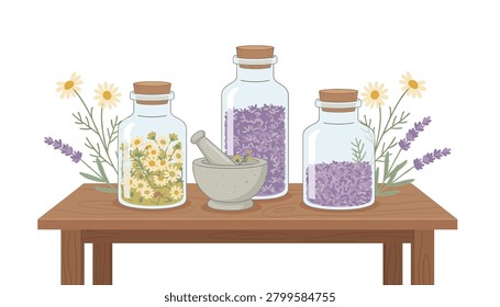 Three glass apothecary jars filled with dried chamomile flowers and lavender sprigs displayed alongside a stone mortar and pestle on a rustic wooden table surface.