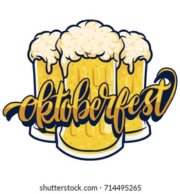 three glass of beer and oktoberfest typography lettering for celebrate beer festival in german national event