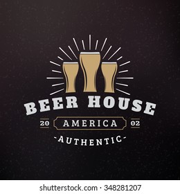 Three Glass of Beer. Vintage Retro Design Elements for Logotype, Insignia, Badge, Label. Business Sign Template. Textured Background