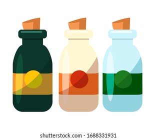 Three glass bottle with cork set isolated on white background. Colorful object for liquid, powder storage. Container for medicines, potion, elixir, syrup, oil storing. Medical or magic flask