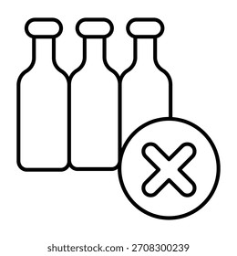 Three glass bottles ban thin line icon, recycling concept. Vector graphics. Bottles with close button, forbidden item sign on white background, outline style icon for mobile or web design