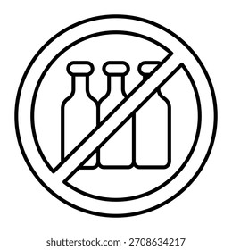 Three glass bottles ban thin line icon, processing of raw materials concept. Vector graphics. Forbidden, prohibited item sign on white background, outline style icon for mobile or web design