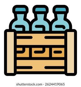 Three glass bottles with blue caps are neatly placed inside a wooden crate, ready for storage or transport
