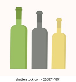 Three glass bottles of different colors on a light background. Vector isolated image for use in clipart