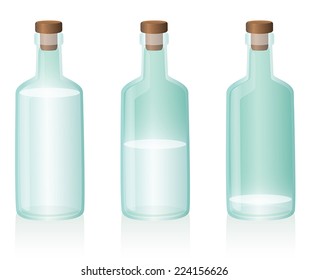 Three glass bottles, the first one is full, the second one is half full, the third one is nearly empty. Vector illustration on white background.