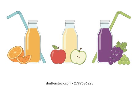 Three glass bottles of fresh orange, apple, and grape juice with colorful straws and whole fruits arranged for a refreshing drink.