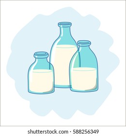 Three Glass Bottles Of Milk, Drawn In Cartoon Style. Vector Illustration.