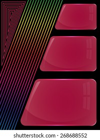 Three glass burgundy plates of different sizes with colorful decoration lines