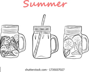 Three glass drinking jars doodle style. Hand drawn line art vector illustration. Summer lemonades with fruits and berries. 