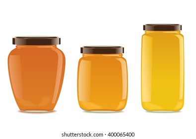 Three glass jars with jam or honey
