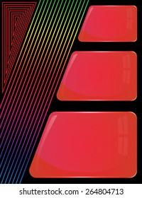 Three glass red plates of different sizes with colorful decoration lines on black background