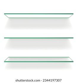 Three glass transparent sheves on white background. Vector realistic tabletop sheets, kitchen furniture of natural materials on perspective proection.
