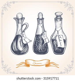 Three glass vintage bottle with chili sauce, tomato sauce, soy sauce