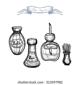 Three glass vintage bottle with salt, sugar, pepper and toothpicks.
