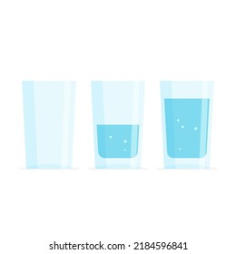 Three glass of water. Full, half and empty. Drink more water concept. Vector illustration isolated on white background.