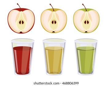 Three glasses with apple juice. Red, yellow and green apple juice. Glass jug of apple juice fruit fresh beverage natural red organic vitamin. Vector set fresh and cold apple juice healthy fruit drink
