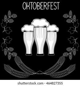 Three glasses of beer, barley, hops, Oktoberfest. Hand draw, sketch.