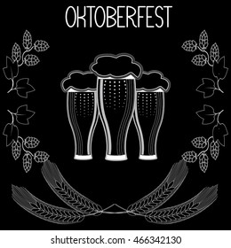 Three glasses of beer, barley, hops, Oktoberfest. Hand draw, sketch.