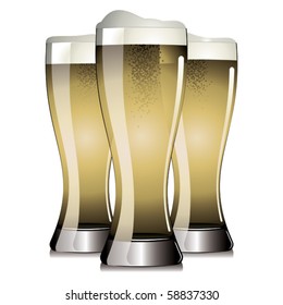 Three glasses of beer isolated on white.
