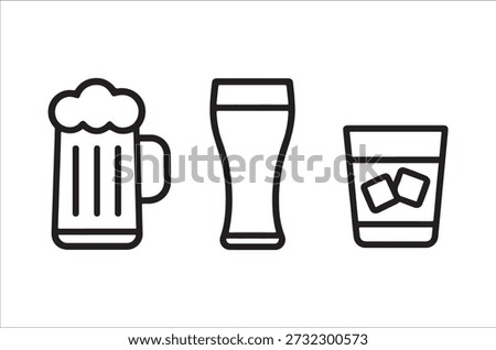 Three glasses – a beer mug, pint, and rocks glass – depicted in a simple black outline.