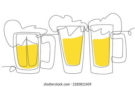 Three glasses of beer in one line on a white background. Stock vector illustration of a light alcoholic drink.