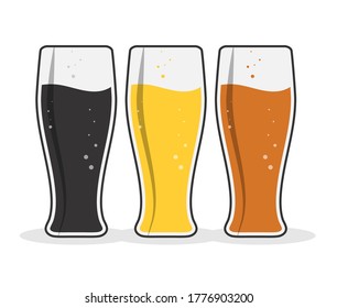 Tres vasos de cerveza para pegatinas, pancartas, logos, pegatinas y diseño temático. Dibujo vectorial simple de color aislado en fondo blanco
