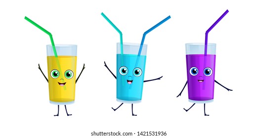 three glasses with bright and tasty juice, with eyes, legs and arms, on a white background