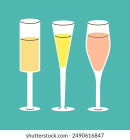 Three glasses of champagne, each with a different colored beverage