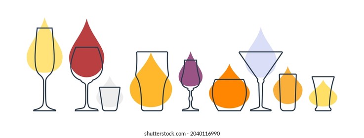 Three glasses with champagne, red wine, vodka, beer, liquor, whiskey, martini, rum and tequila. Shot glass drinks. Vector template alcohol beverage for restaurant, bar. Symbol party. Different drinks.