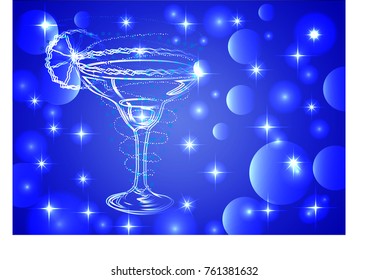 Three glasses of cocktail on a blue background with stars and lights, disco, club, neon glow