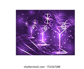 Three glasses of cocktail on a lilac background with stars and lights, disco, club, neon glow