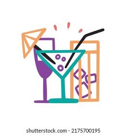 Three glasses with cocktails. Group of different drinks, ice, cocktail umbrella, wine, champagne, long drink, party. Vector outline hand drawn doodle cartoon style.