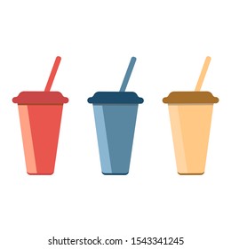 Three glasses of different colors with a cap and a tube for coffee, espresso, latte, cappuccino, tea and other drinks