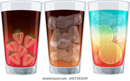 Three glasses with different flavored colorful drinks