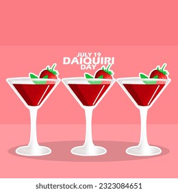 Three glasses of a drink topped with a strawberry fruit commonly known as a Daiquiri drink with bold text on a pink background to celebrate National Daiquiri Day on July 19