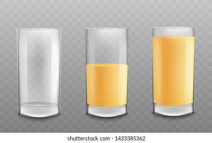 Three glasses empty and differently filled with juice or other yellow colored drink the 3d realistic vector illustration isolated on transparent background.