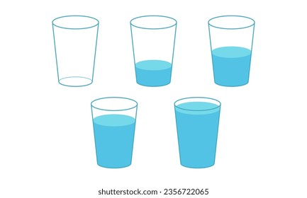 Three glasses empty glass, half level and full level. Refreshments, clean water drink. Optimistic and pessimistic philosophy. 