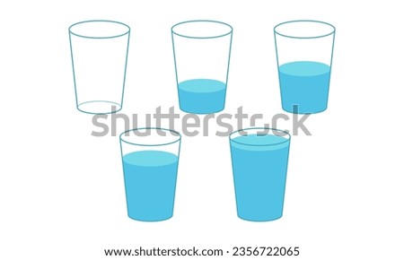 Three glasses empty glass, half level and full level. Refreshments, clean water drink. Optimistic and pessimistic philosophy. 
