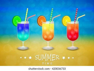 Three glasses of exotic cocktails on the beach in summer. Vector illustration.