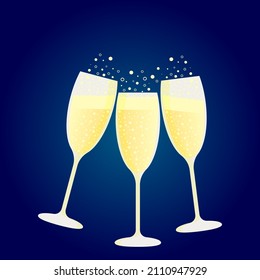 Three glasses filled with sparkling champagne. Celebration atmosphere.