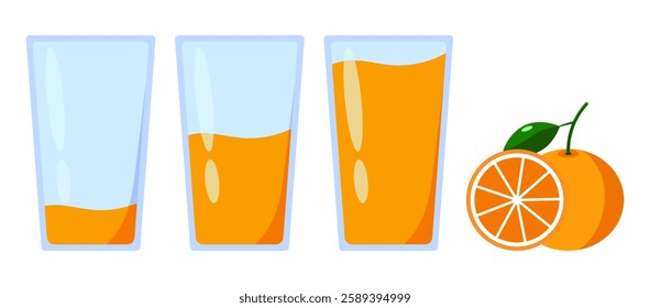 three glasses of fresh orange juice ranging from slightly, half, to full.