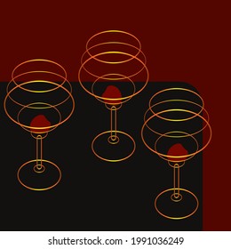 three glasses of golden ovals with cherries in art deco style