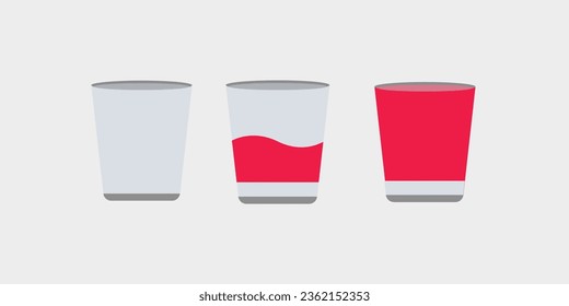 Tres vasos de jugo seguidos: vacío, medio lleno y nivel completo. Dibujo de dibujos animados de vector plano sobre el fondo de los alimentos y las bebidas. Optimismo y concepto filosófico del pesimismo.