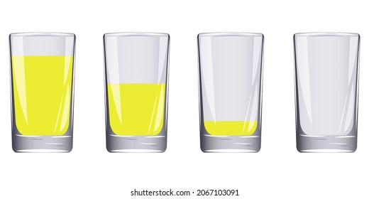 Three glasses of lemonade. A full, half-empty, empty glass. Drinks in glasses. Vector illustration. Stock image. 