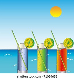 Three glasses with lemons on sea background.