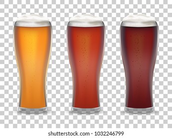 Three glasses of light and dark beer. The glass is filled with light beer and foam. Transparent realistic elements. Are ready to address to your design. Vector illustration.