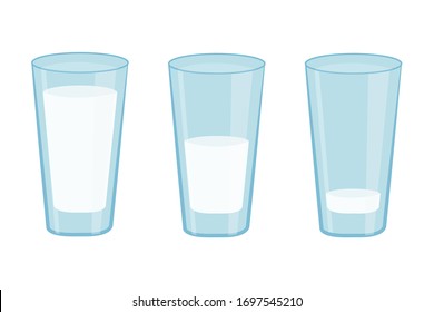 Three glasses of milk: empty, half full and full. Cartoon illustration isolated on a white background.