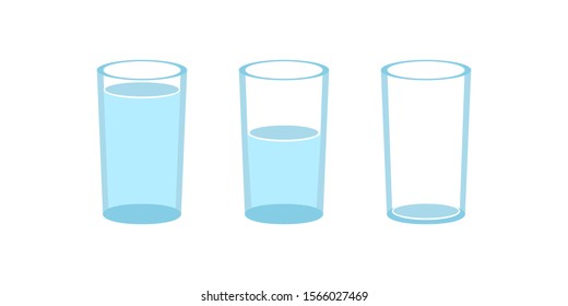 Three glasses in row, empty glass, half level and full level. Flat vector cartoon in food and drink concept, lack of water and thirsty. Pessimistic philosophy.