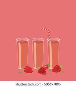 Three glasses of strawberry juice arranged in row on the pastel res background.
Big empty text space on the top of the image.