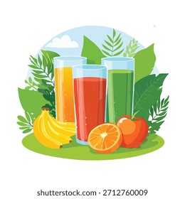 Tres vasos de vibrante jugo de frutas junto con plátano, naranja y manzana, colocados sobre hojas verdes y un cielo azul.